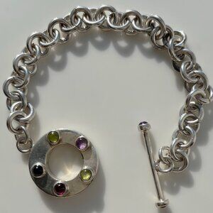 Sterling Silver Chain Link Circle Toggle Clasp Bracelet With Gemstones
